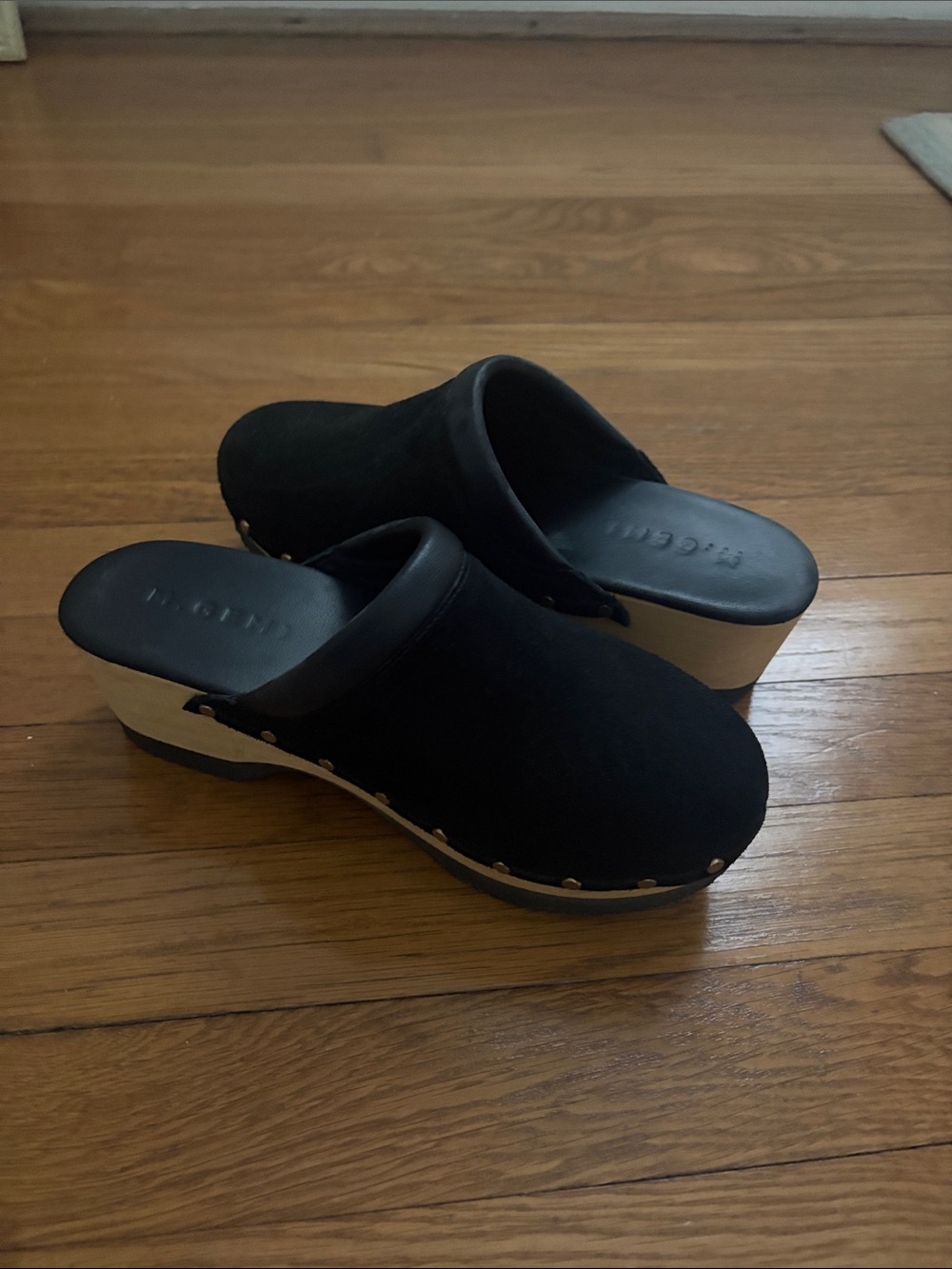 M Gemi Black Suede Clog Mules with Light Wood Platform 37